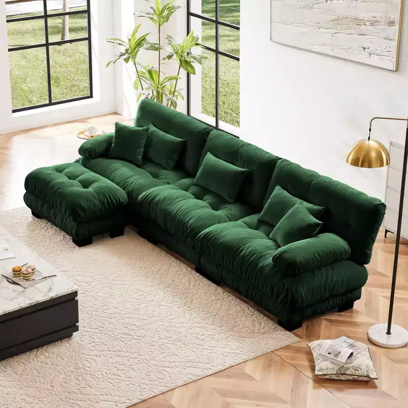 Divano Oversized a L Cloud per Soggiorno Divano con Seduta Profonda e Pouf Convertibile in ciniglia, color Caffè Chiaro
