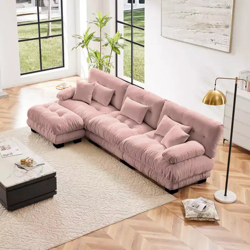 Divano Oversized a L Cloud per Soggiorno Divano con Seduta Profonda e Pouf Convertibile in ciniglia, color Caffè Chiaro