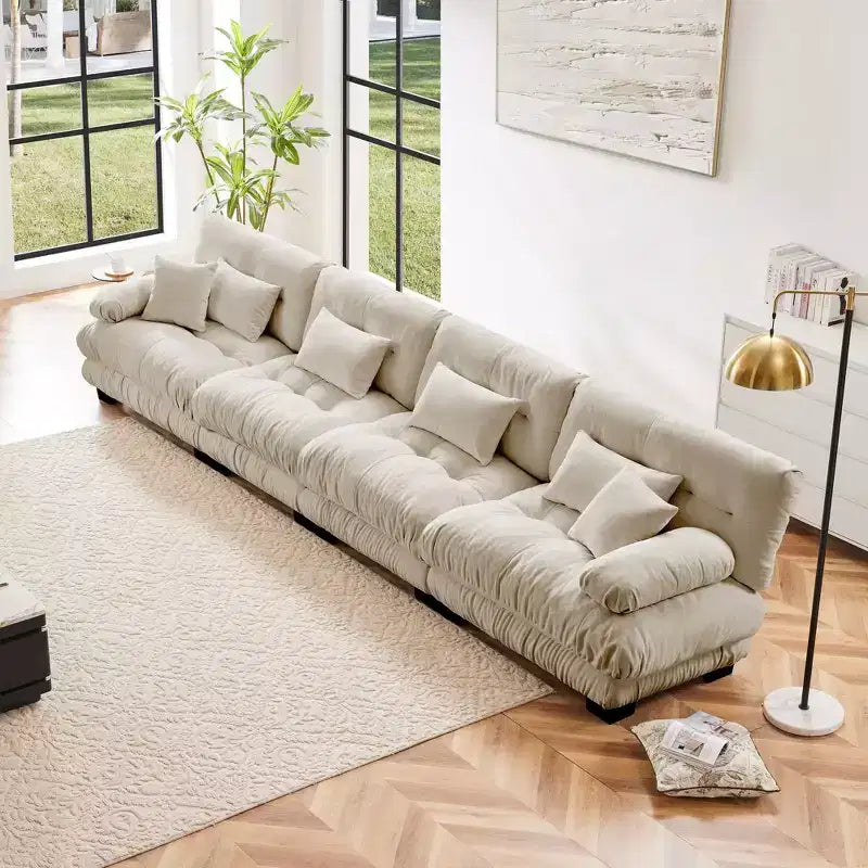 4 Seater Modular Deep Seat Chenille Sofa Couch Comfy Upholstered Sofa for Living Room Chenille Light coffee