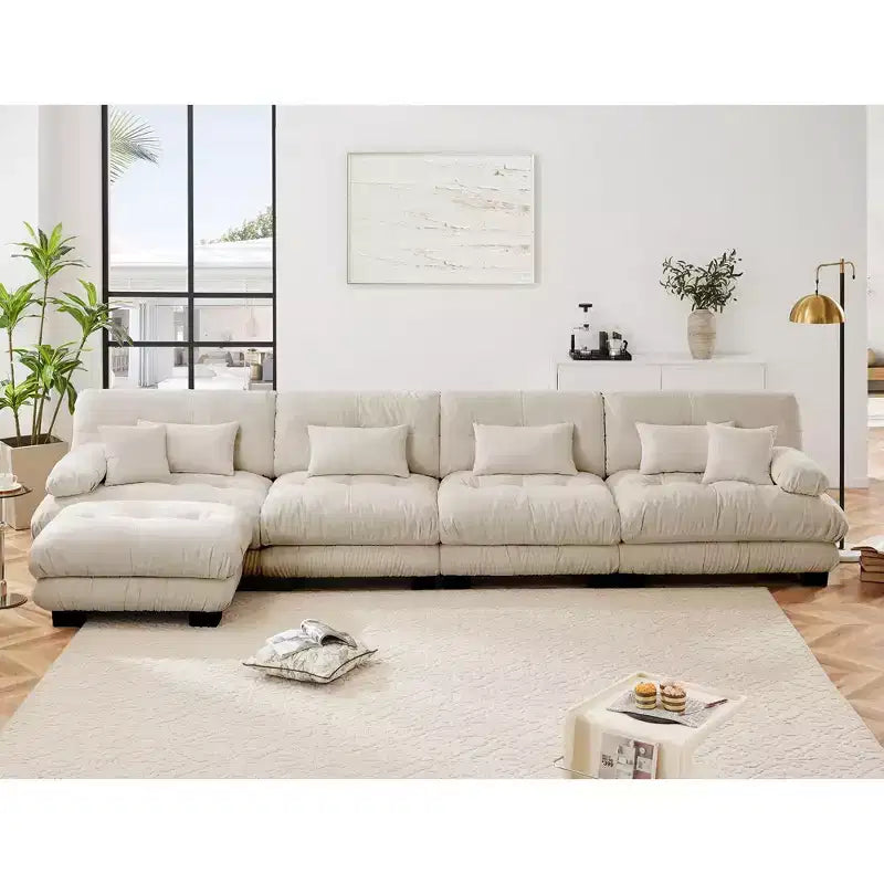 Divano a L a 4 posti per soggiorno, comodo divano Cloud con pouf convertibile, in ciniglia, colore caffè chiaro