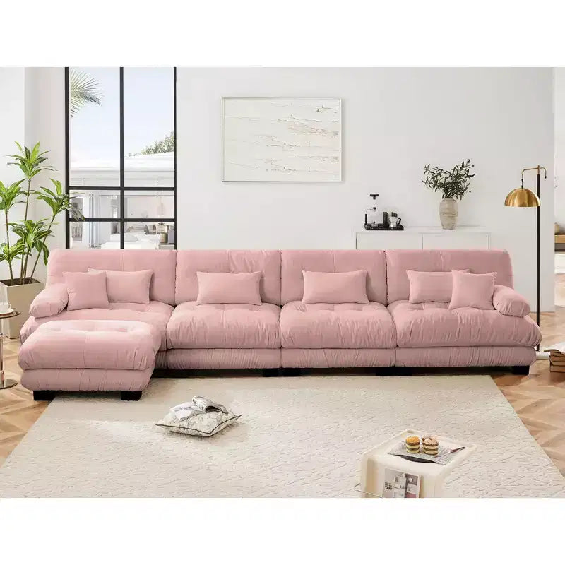 Divano a L a 4 posti per soggiorno, comodo divano Cloud con pouf convertibile, in ciniglia, colore caffè chiaro