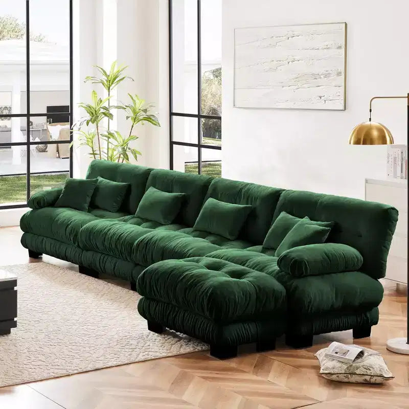 Divano a L a 4 posti per soggiorno, comodo divano Cloud con pouf convertibile, in ciniglia, colore caffè chiaro