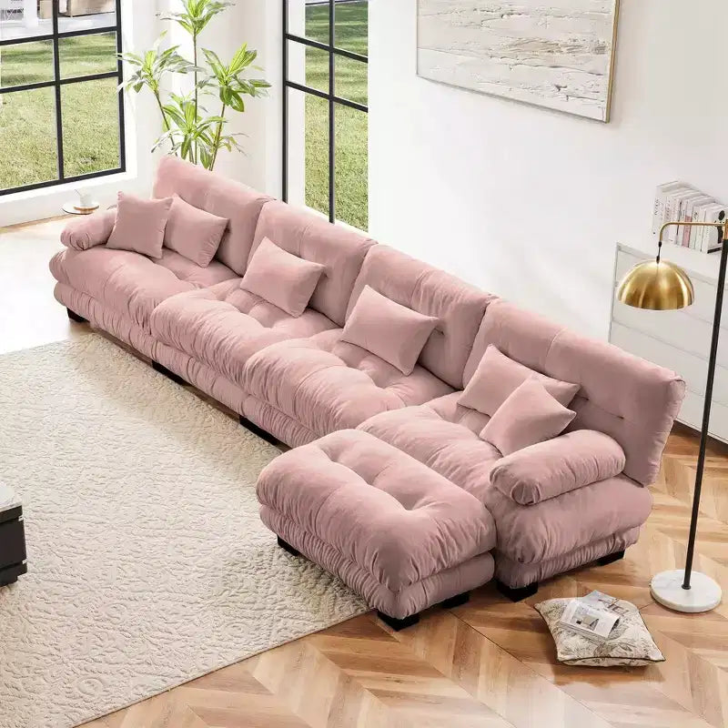 Divano a L a 4 posti per soggiorno, comodo divano Cloud con pouf convertibile, in ciniglia, colore caffè chiaro