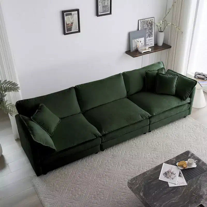 Divano Componibile a 6 Posti Ultra Morbido a U con 3 Pouf 3 Cuscini Decorativi e 2 Cuscini Bracciolo in Ciniglia Beige
