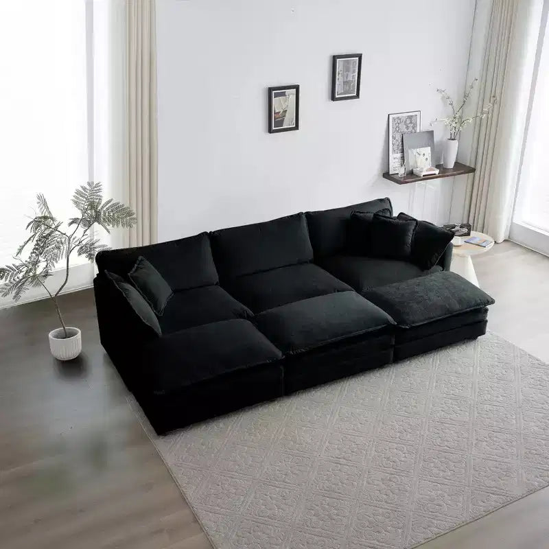 Divano Componibile a 6 Posti Ultra Morbido a U con 3 Pouf 3 Cuscini Decorativi e 2 Cuscini Bracciolo in Ciniglia Beige