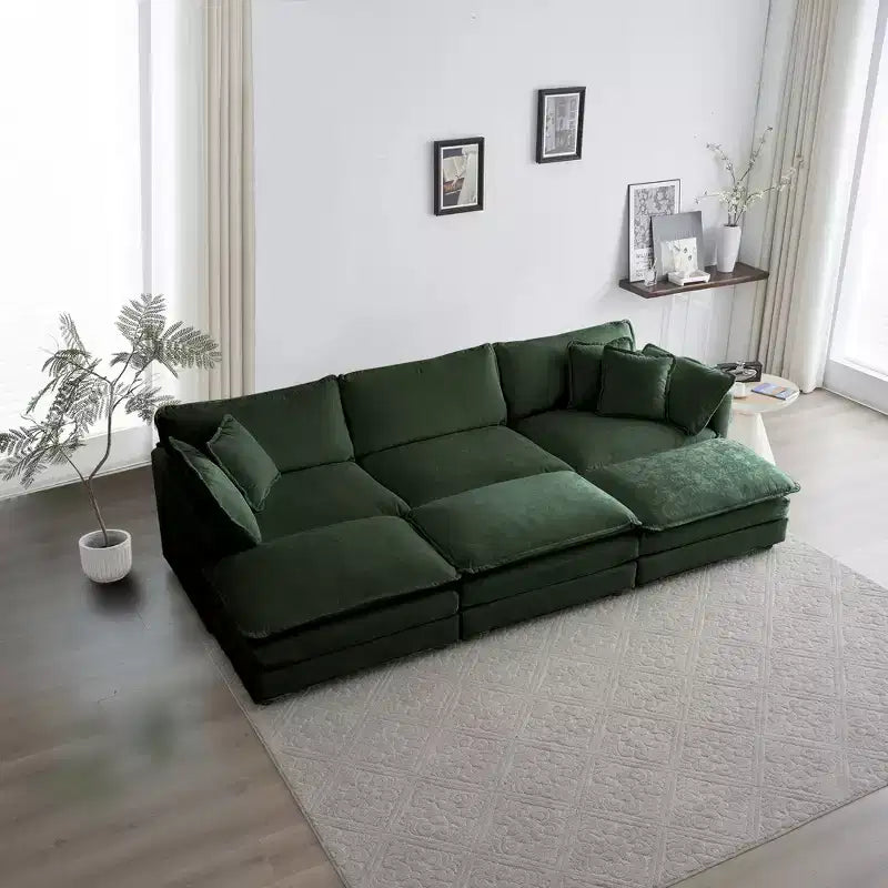 Divano Componibile a 6 Posti Ultra Morbido a U con 3 Pouf 3 Cuscini Decorativi e 2 Cuscini Bracciolo in Ciniglia Beige