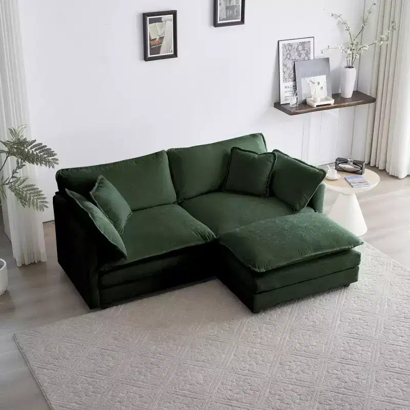 Divano due posti in ciniglia con 1 poggiapiedi Divano componibile a L due posti con pouf Divanetto con pouf per piccoli spazi abitativi Ciniglia beige