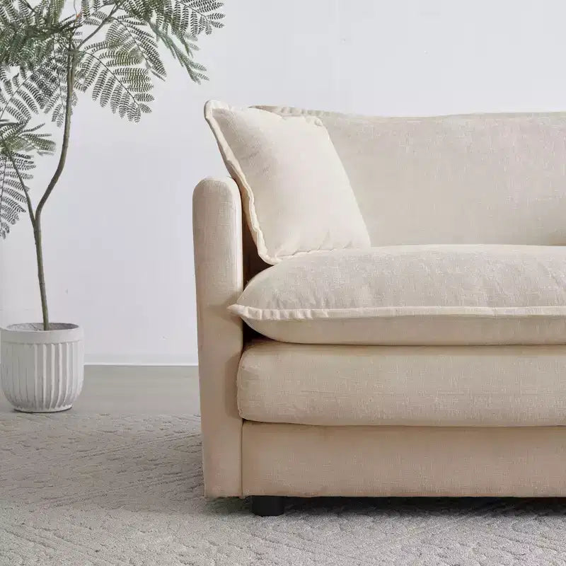 Divano due posti in ciniglia con 1 poggiapiedi Divano componibile a L due posti con pouf Divanetto con pouf per piccoli spazi abitativi Ciniglia beige