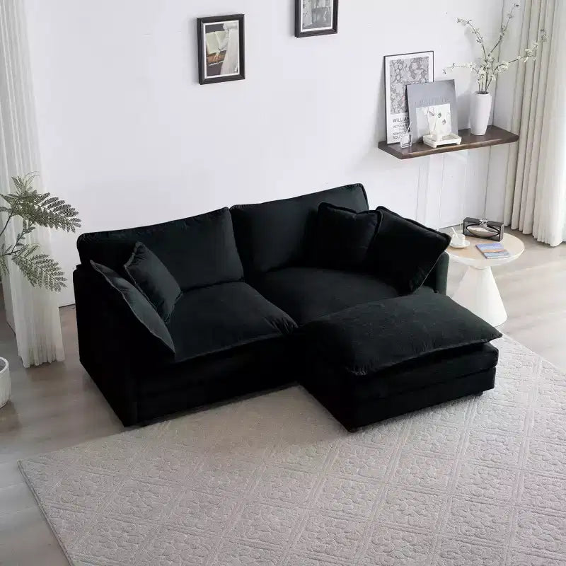 Divano due posti in ciniglia con 1 poggiapiedi Divano componibile a L due posti con pouf Divanetto con pouf per piccoli spazi abitativi Ciniglia beige