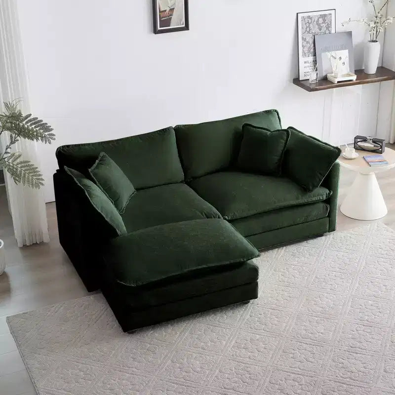 Divano due posti in ciniglia con 1 poggiapiedi Divano componibile a L due posti con pouf Divanetto con pouf per piccoli spazi abitativi Ciniglia beige