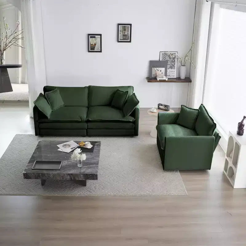 Divano a 3 pezzi con cuscini per braccioli e cuscini decorativi, 2 poltrone e un divano a 2 posti in ciniglia verde