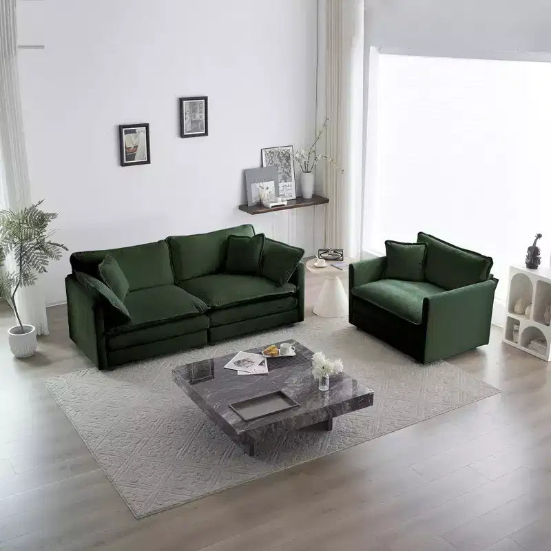 Divano a 3 pezzi con cuscini per braccioli e cuscini decorativi, 2 poltrone e un divano a 2 posti in ciniglia verde