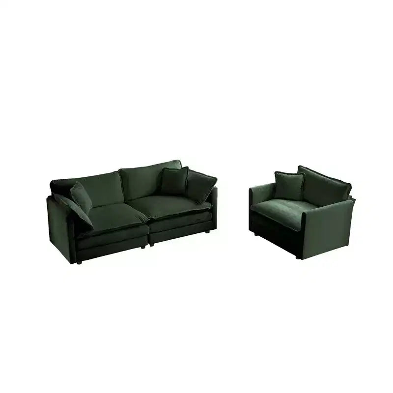 Divano a 3 pezzi con cuscini per braccioli e cuscini decorativi, 2 poltrone e un divano a 2 posti in ciniglia verde
