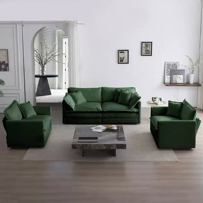 3 Piece Sofa Set with Arm Pillows and Toss Pillows Sofa Set Include 2 Piece of Arm Chair and One 2 Seat Sofa Green Chenille