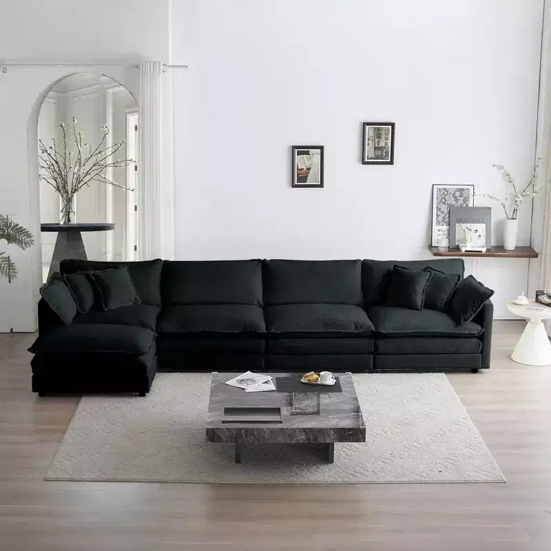 Divano Sezionale Modulare per Soggiorno Divano a U a 5 Posti Divano Sezionale Convertibile con 1 Pouf in Ciniglia Beige