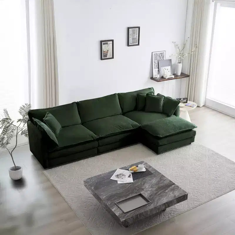 Comodo divano componibile oversize a L con ottomana reversibile in ciniglia beige