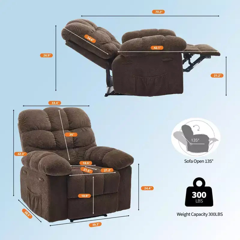 Poltrona reclinabile manuale di grandi dimensioni, poltrona reclinabile ergonomica e traspirante con seduta imbottita e 2 tasche laterali, divano singolo per soggiorno, camera da letto