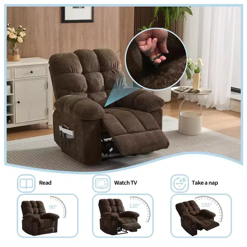 Poltrona reclinabile manuale di grandi dimensioni, poltrona reclinabile ergonomica e traspirante con seduta imbottita e 2 tasche laterali, divano singolo per soggiorno, camera da letto