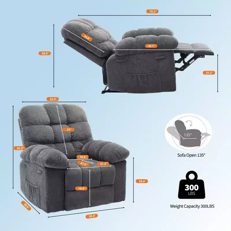 Poltrona reclinabile manuale di grandi dimensioni, poltrona reclinabile ergonomica e traspirante con seduta imbottita e 2 tasche laterali, divano singolo per soggiorno, camera da letto