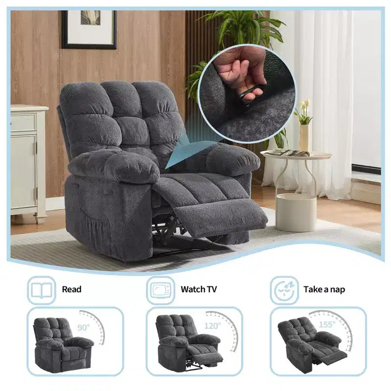 Poltrona reclinabile manuale di grandi dimensioni, poltrona reclinabile ergonomica e traspirante con seduta imbottita e 2 tasche laterali, divano singolo per soggiorno, camera da letto