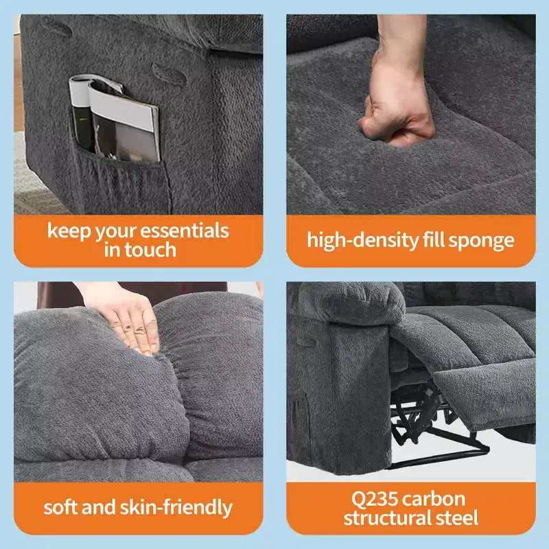 Poltrona reclinabile manuale di grandi dimensioni, poltrona reclinabile ergonomica e traspirante con seduta imbottita e 2 tasche laterali, divano singolo per soggiorno, camera da letto