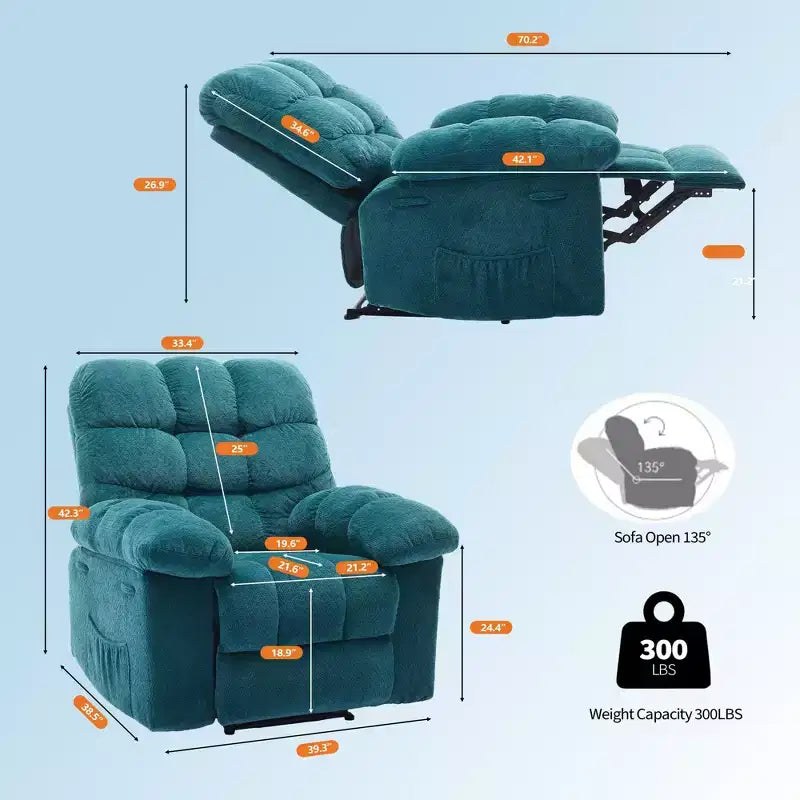 Poltrona reclinabile manuale di grandi dimensioni, poltrona reclinabile ergonomica e traspirante con seduta imbottita e 2 tasche laterali, divano singolo per soggiorno, camera da letto