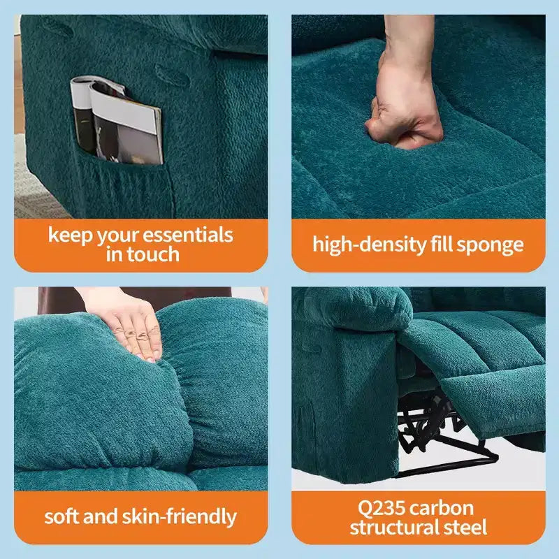 Poltrona reclinabile manuale di grandi dimensioni, poltrona reclinabile ergonomica e traspirante con seduta imbottita e 2 tasche laterali, divano singolo per soggiorno, camera da letto