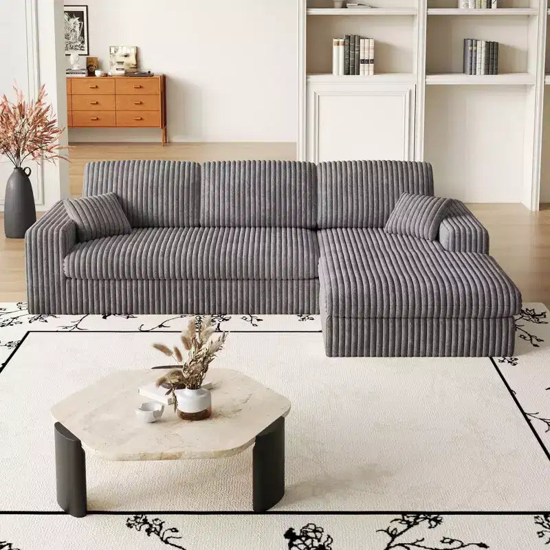 Divano modulare a L moderno in velluto a coste beige da 114,5 pollici, 2 in 1, con tre cuscini poggiatesta e due cuscini decorativi