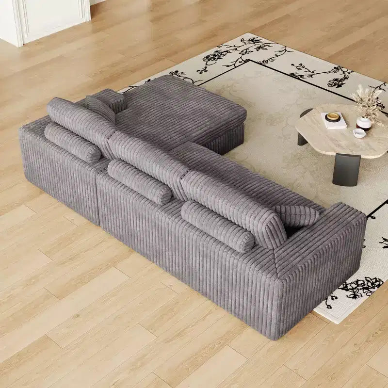 Divano modulare a L moderno in velluto a coste beige da 114,5 pollici, 2 in 1, con tre cuscini poggiatesta e due cuscini decorativi