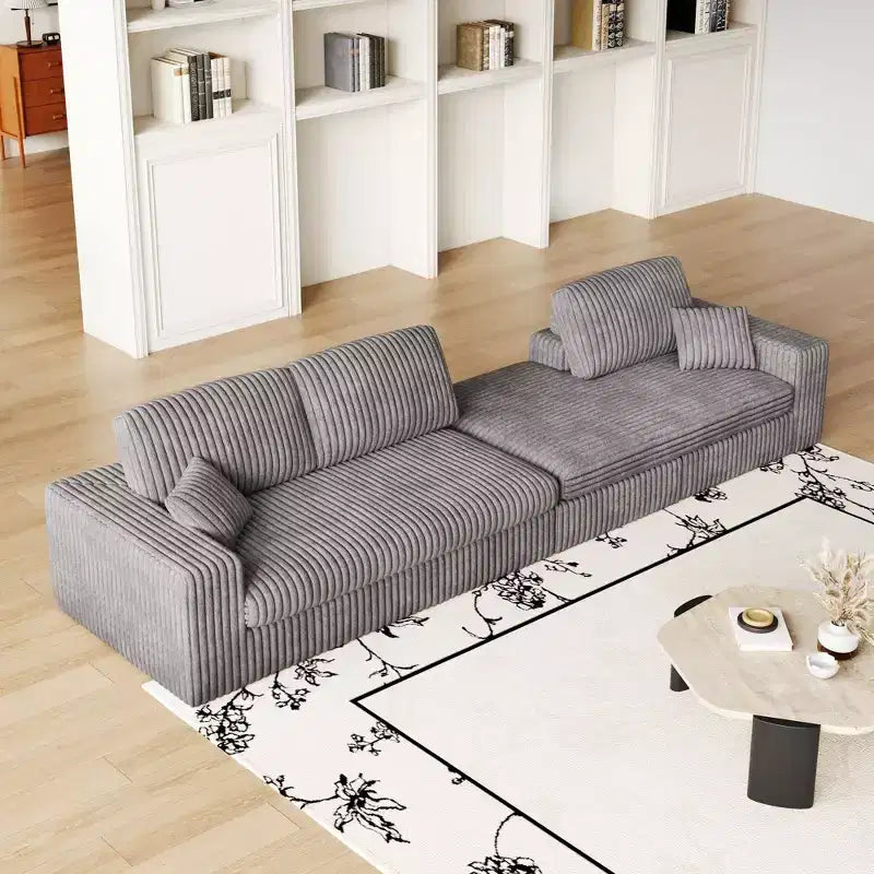Divano modulare a L moderno in velluto a coste beige da 114,5 pollici, 2 in 1, con tre cuscini poggiatesta e due cuscini decorativi