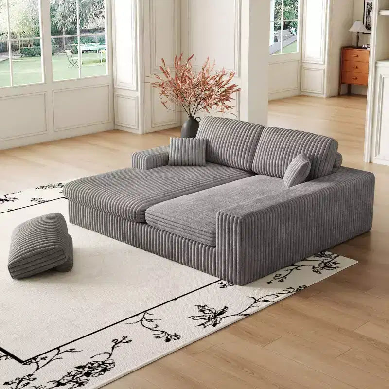 Divano modulare a L moderno in velluto a coste beige da 114,5 pollici, 2 in 1, con tre cuscini poggiatesta e due cuscini decorativi