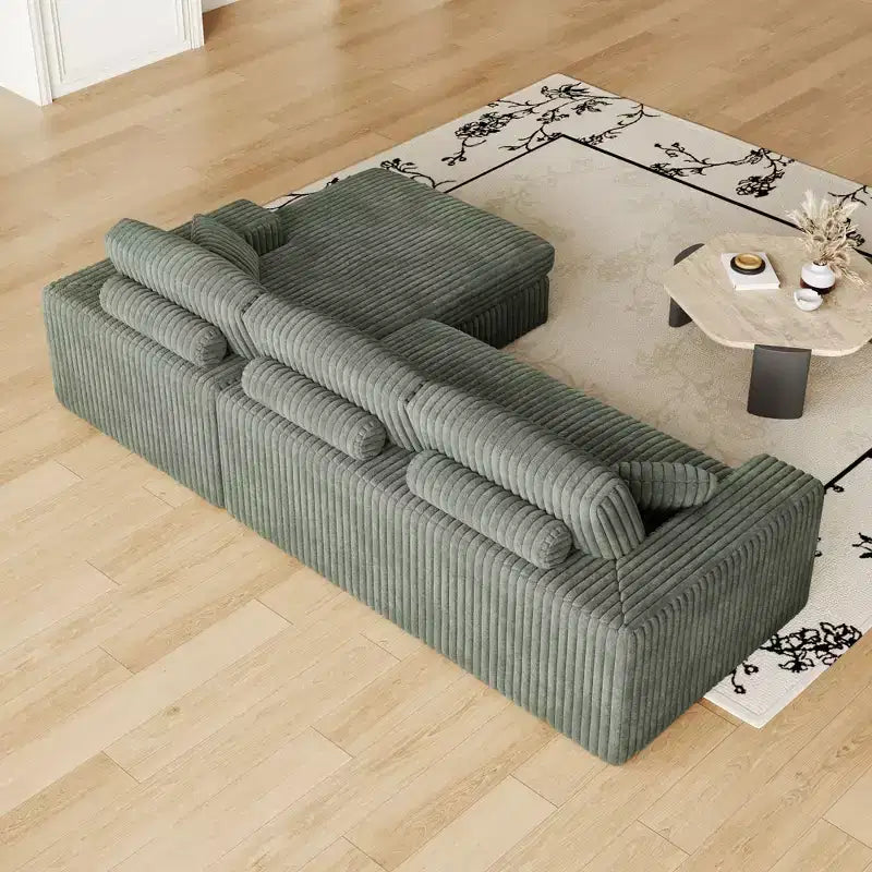 Divano modulare a L moderno in velluto a coste beige da 114,5 pollici, 2 in 1, con tre cuscini poggiatesta e due cuscini decorativi