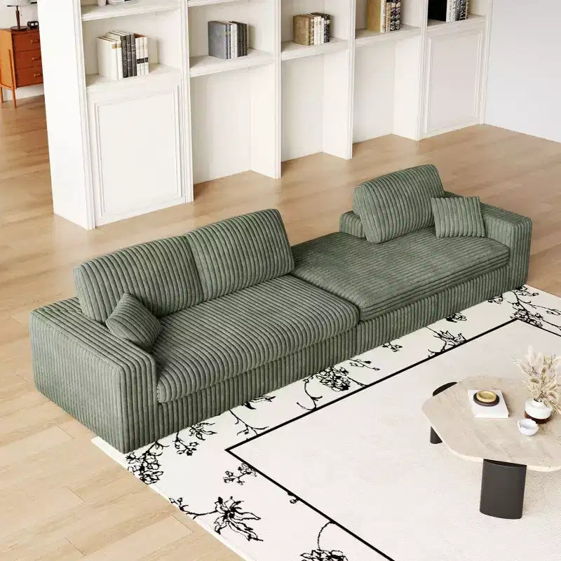 Divano modulare a L moderno in velluto a coste beige da 114,5 pollici, 2 in 1, con tre cuscini poggiatesta e due cuscini decorativi