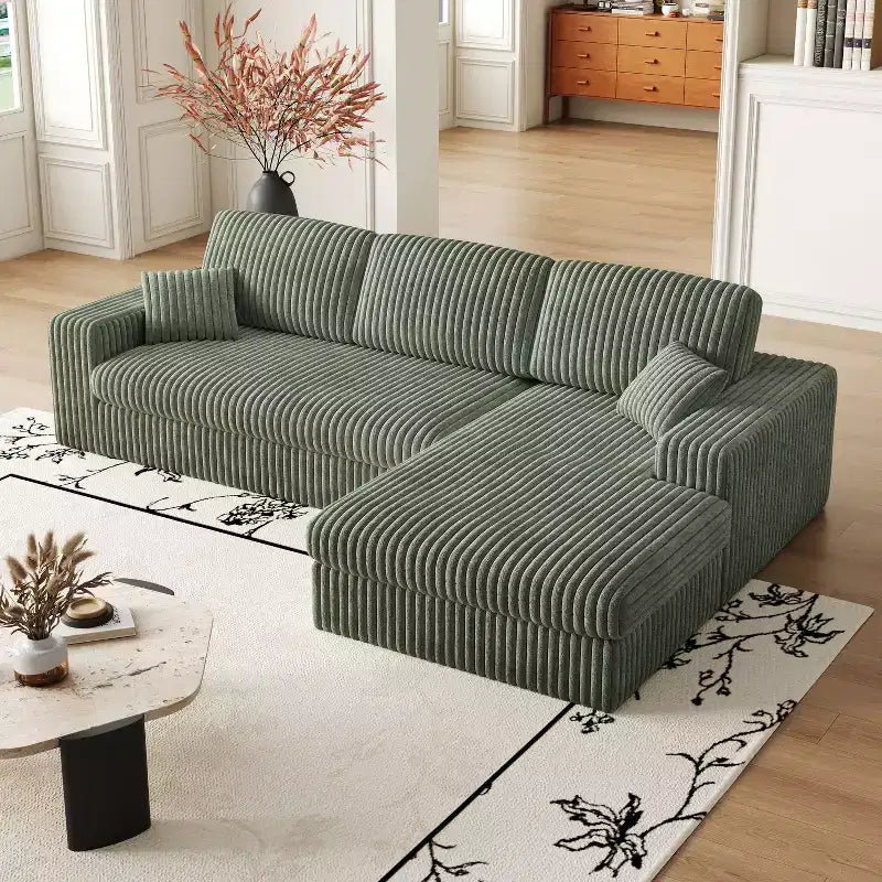 Divano modulare a L moderno in velluto a coste beige da 114,5 pollici, 2 in 1, con tre cuscini poggiatesta e due cuscini decorativi