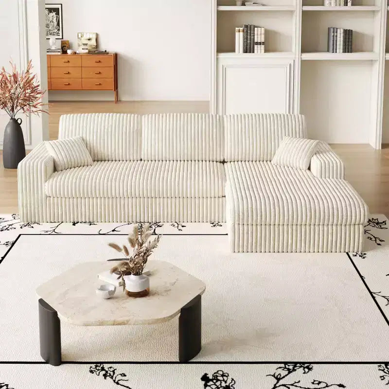 Divano modulare a L moderno in velluto a coste beige da 114,5 pollici, 2 in 1, con tre cuscini poggiatesta e due cuscini decorativi