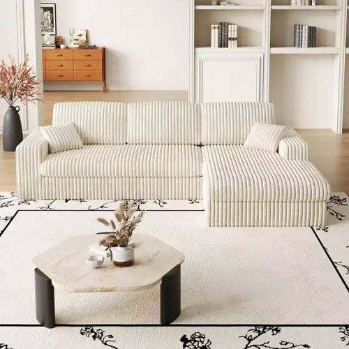 Divano modulare a L moderno in velluto a coste beige da 114,5 pollici, 2 in 1, con tre cuscini poggiatesta e due cuscini decorativi