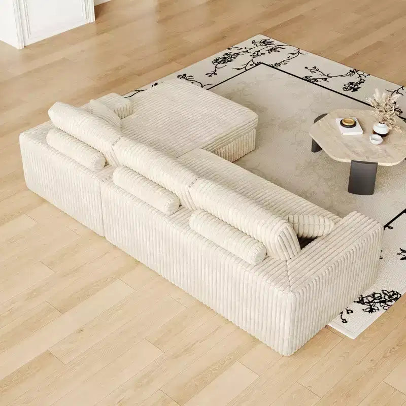Divano modulare a L moderno in velluto a coste beige da 114,5 pollici, 2 in 1, con tre cuscini poggiatesta e due cuscini decorativi