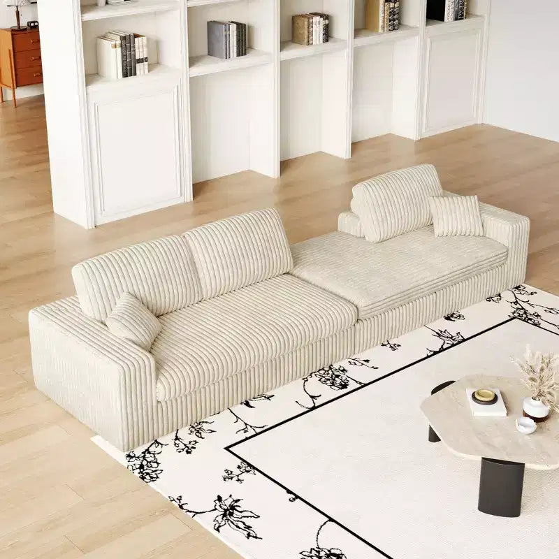 Divano modulare a L moderno in velluto a coste beige da 114,5 pollici, 2 in 1, con tre cuscini poggiatesta e due cuscini decorativi