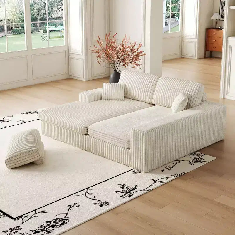 Divano modulare a L moderno in velluto a coste beige da 114,5 pollici, 2 in 1, con tre cuscini poggiatesta e due cuscini decorativi