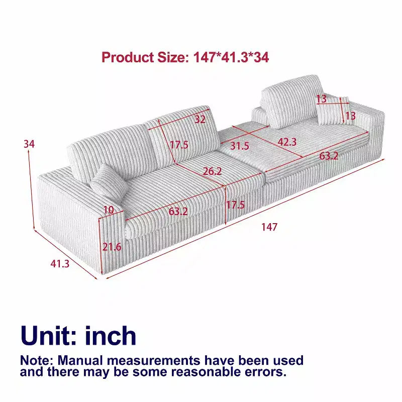 Divano modulare a L moderno in velluto a coste beige da 114,5 pollici, 2 in 1, con tre cuscini poggiatesta e due cuscini decorativi