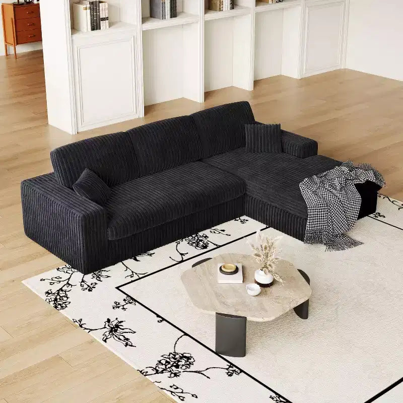 Divano modulare a L moderno in velluto a coste beige da 114,5 pollici, 2 in 1, con tre cuscini poggiatesta e due cuscini decorativi