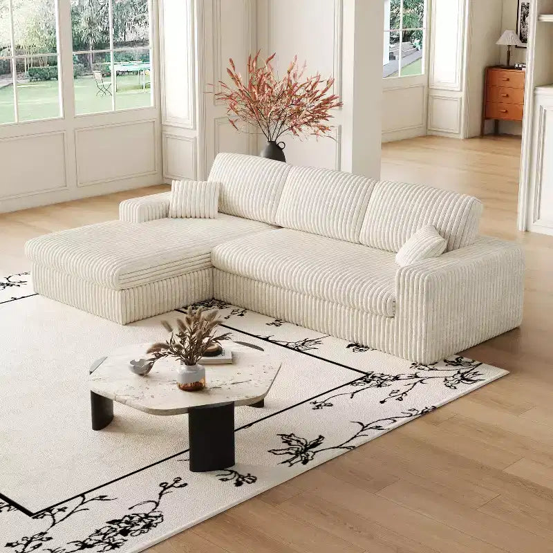 114.5 inch Modern Beige L-Shaped Corduroy Modular foam Sofa 2-in-1 Sofa with Three Cushion Neck Pillow Combination and Two Throw Pillows