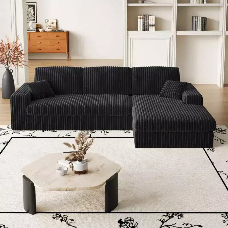 Divano modulare a L moderno in velluto a coste beige da 114,5 pollici, 2 in 1, con tre cuscini poggiatesta e due cuscini decorativi