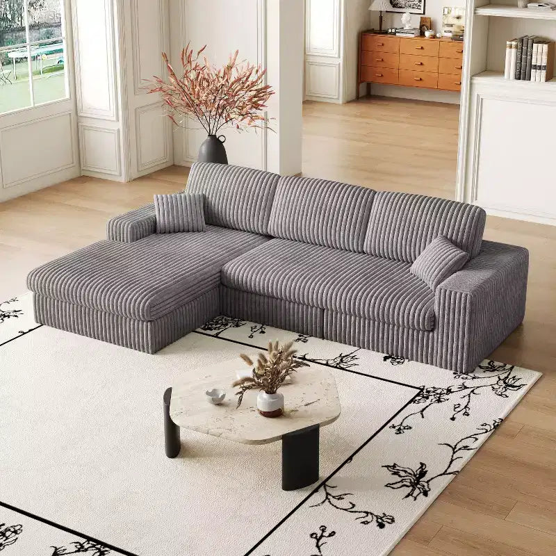 Divano modulare a L moderno in velluto a coste beige da 114,5 pollici, 2 in 1, con tre cuscini poggiatesta e due cuscini decorativi
