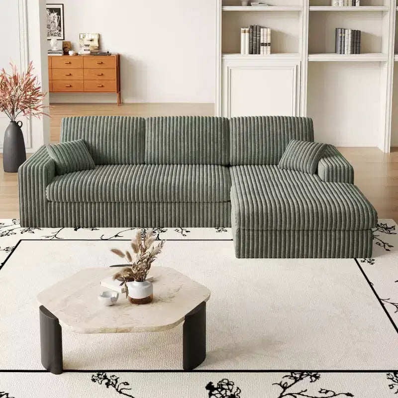 Divano modulare a L moderno in velluto a coste beige da 114,5 pollici, 2 in 1, con tre cuscini poggiatesta e due cuscini decorativi