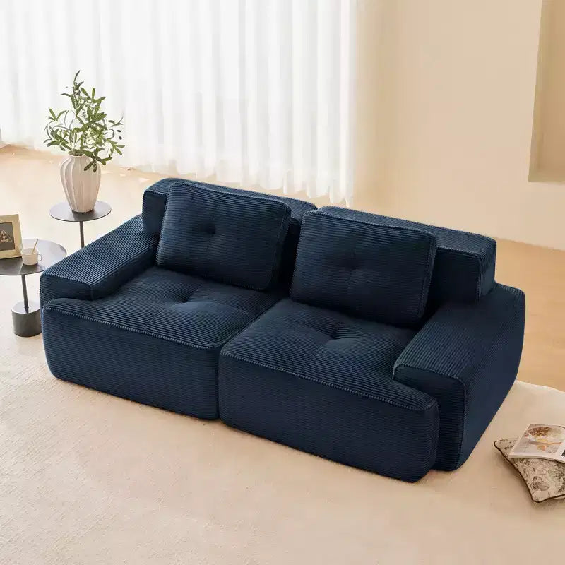 Divano componibile moderno a L 2 posti 82, in velluto a coste color cammello, con profili perlati e design trapuntato, nessun montaggio richiesto