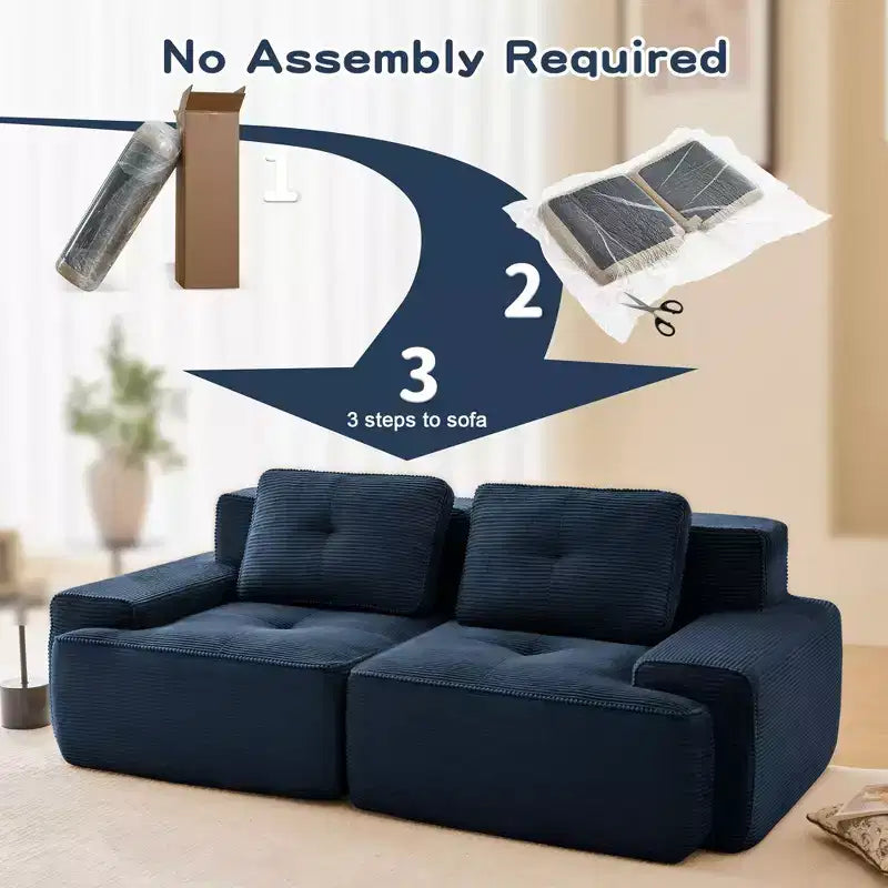 Divano componibile moderno a L 2 posti 82, in velluto a coste color cammello, con profili perlati e design trapuntato, nessun montaggio richiesto