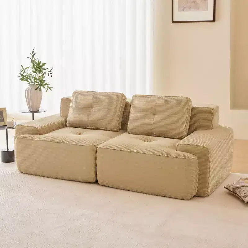 Divano componibile moderno a L 2 posti 82, in velluto a coste color cammello, con profili perlati e design trapuntato, nessun montaggio richiesto