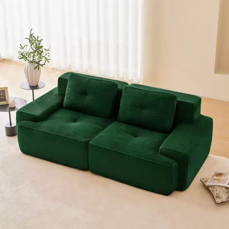 Divano componibile moderno a L 2 posti 82, in velluto a coste color cammello, con profili perlati e design trapuntato, nessun montaggio richiesto