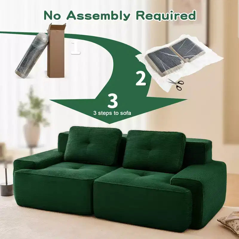 Divano componibile moderno a L 2 posti 82, in velluto a coste color cammello, con profili perlati e design trapuntato, nessun montaggio richiesto